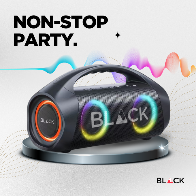 BLACK BassBoom Wireless Bluetooth Speaker, 60W, Optional Microphone, Up to 10H Playtime, 1 Yr Warranty BLACK BassBoom Wireless Bluetooth Speaker, 60W, Optional Microphone, Up to 10H Playtime, 1 Yr Warranty